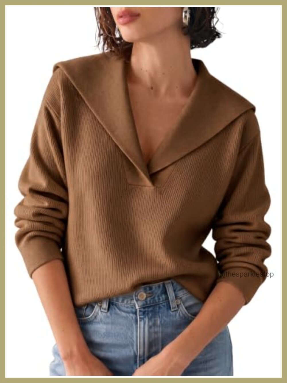 Womens Ribbed Knit V-Neck Pullover Sweater Long Sleeve Loose Fit Casual